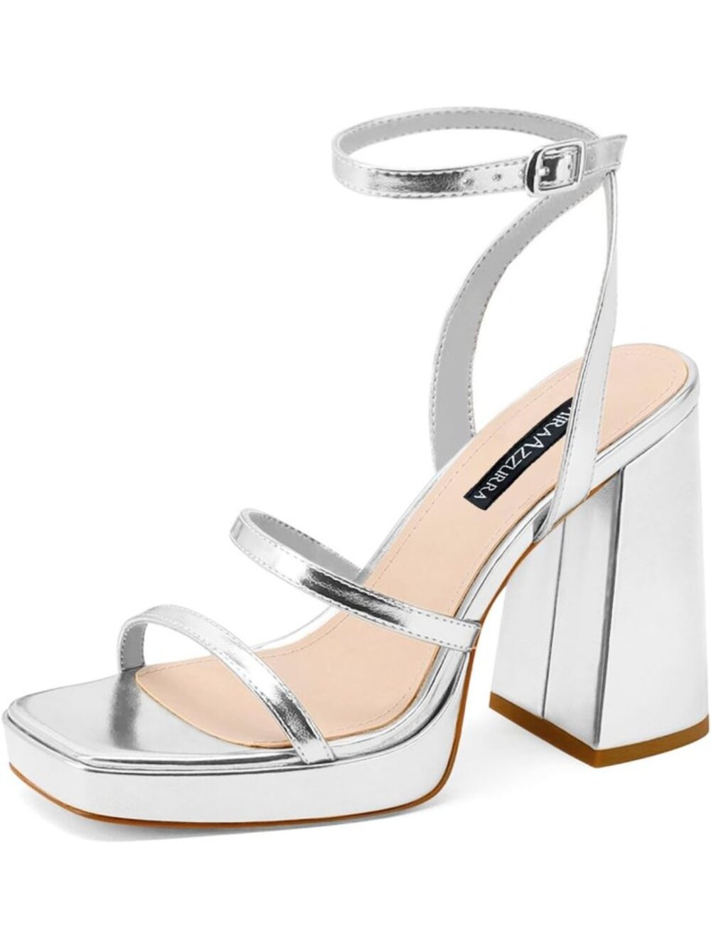 Women's Silver Faux Leather Chunky Block Heel Square Open Toe Two Strap Heels
